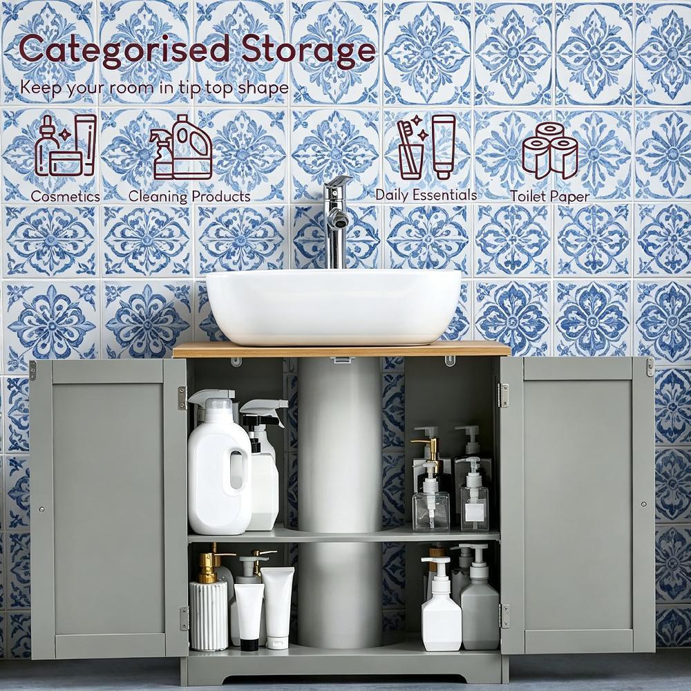 Floor Standing Bathroom Sink Cabinet with Storage | Grey Oak Under Basin Vanity Unit, Modern Cupboard [Plus A Free Gift]