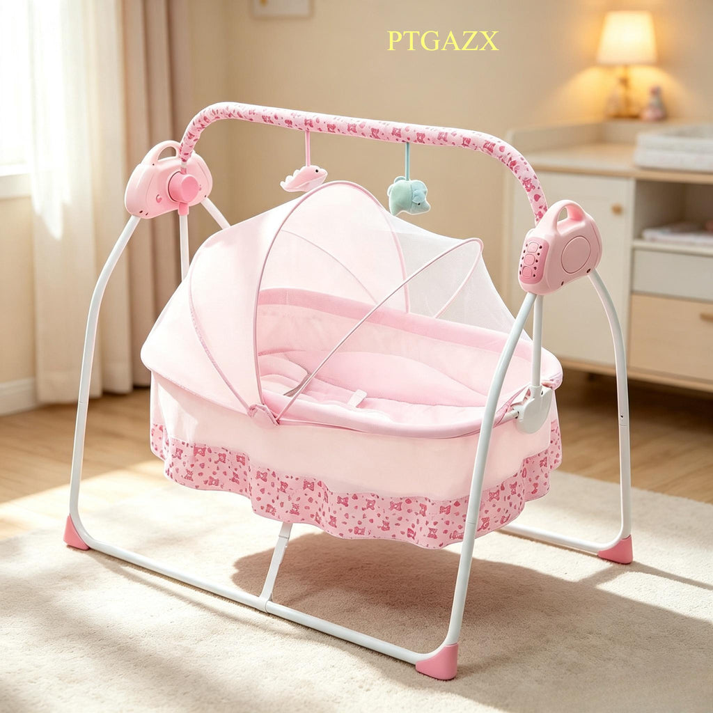 Pink Auto‑Swing Baby Cradle, Auto Rocking Infant Bassinet with Hanging Toys & Built‑in Lullaby Music, Timer Setting, Adjustable Swing Speed, Portable Soothing Sleep Bed for 0‑12 Months Newborn Baby