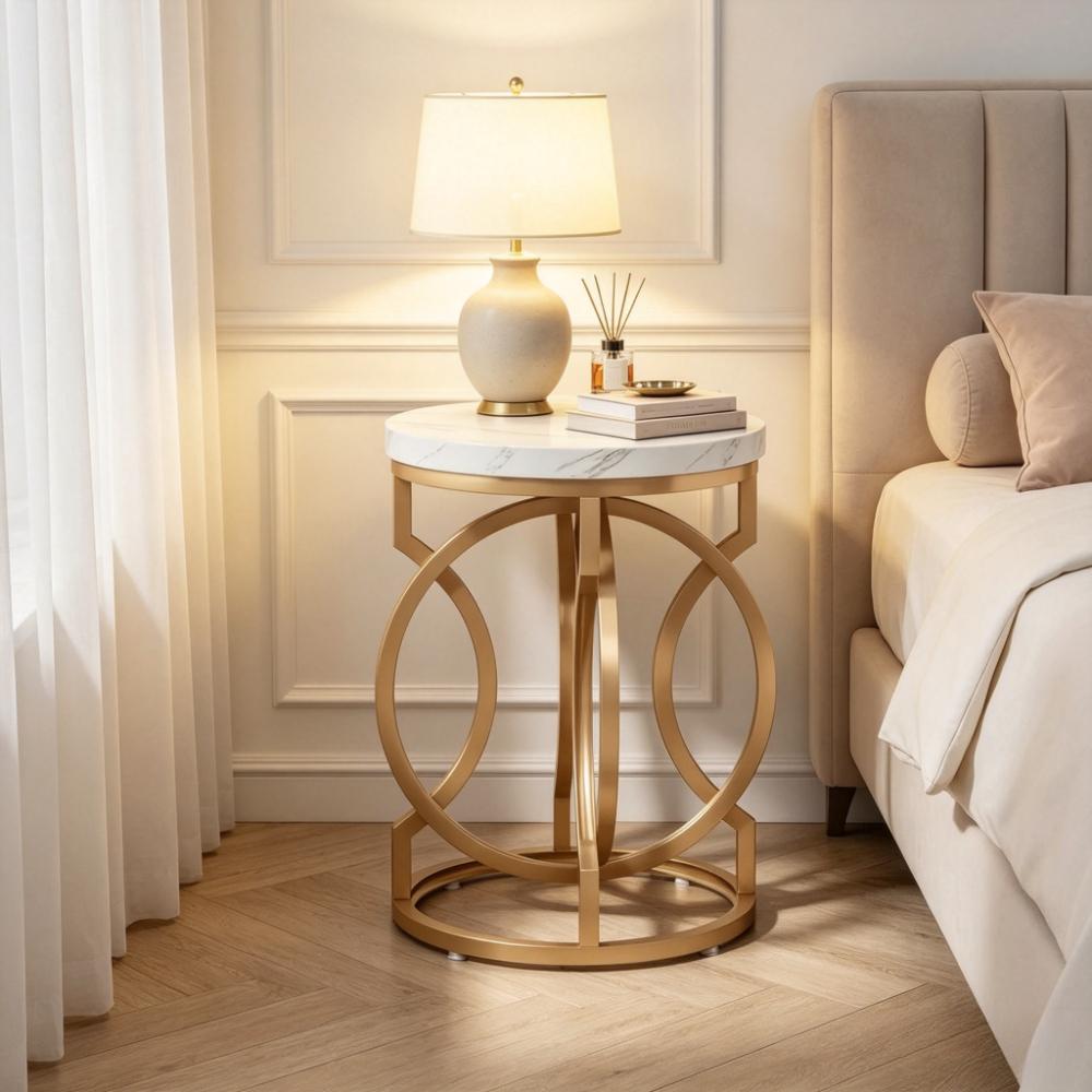 White Gold Round Side Table, Faux Marble Nightstand, Modern Small Accent Table for Living Room, Bedside Nightstand for Bedroom, Compact End Table for Small Spaces [Plus A Free Gift]
