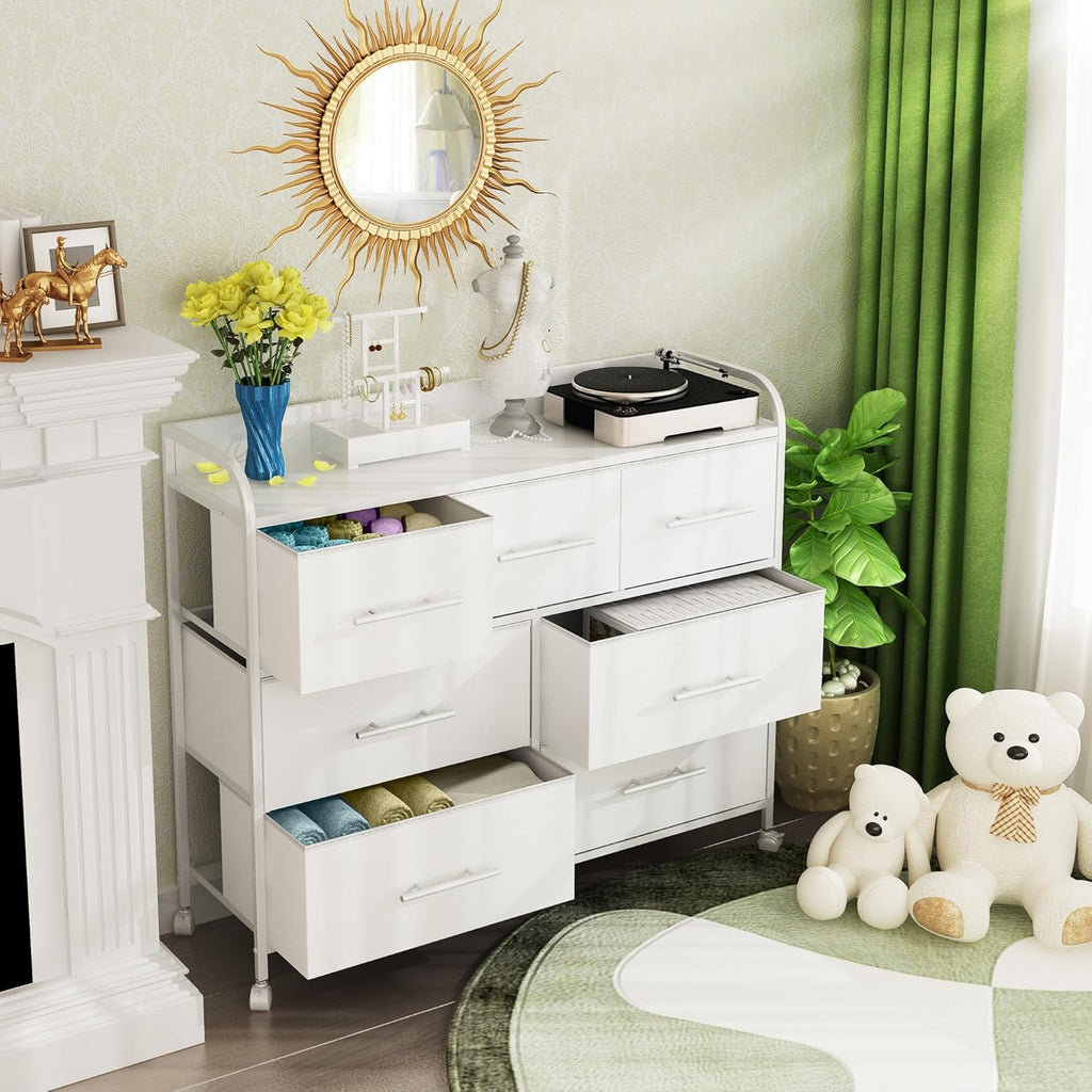 【NS】Bedroom Chest of Drawers, 7 Fabric Drawers, Clothing Storage Cabinet with 4 Castors, Wood Top and Metal Frame, for Living Room