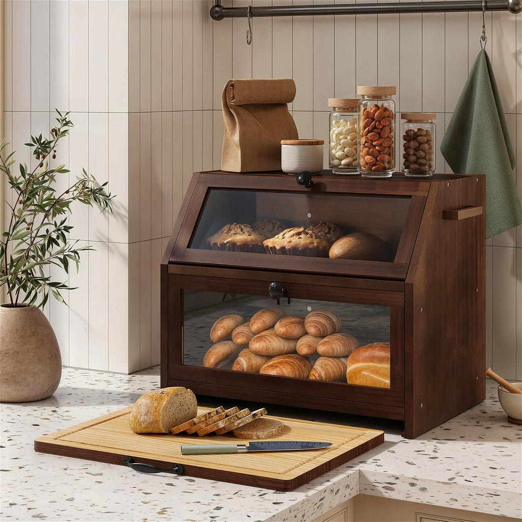 Large Double Layer Bamboo Bread Bin, Multi-Functional Bread Storage Box with Cutting Board & Transparent Window, Countertop Organizer for Bread, Salt, Pepper & Jam,