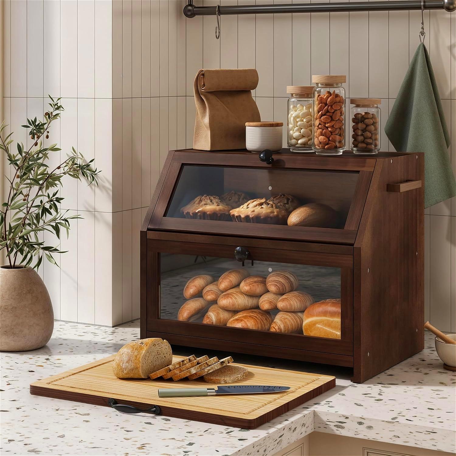 Large Double Layer Bamboo Bread Bin, Multi-Functional Bread Storage Box with Cutting Board & Transparent Window, Countertop Organizer for Bread, Salt, Pepper & Jam,