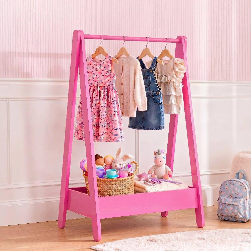 Kids Clothes Rack Solid Pine Wood White – 99H x 64.5W x 42D cm, Space-Saving Hanging Rail with Storage Shelf, Portable Stand for Toys & Shoes, Children’s Bedroom Organiser [Plus A Free Gift]
