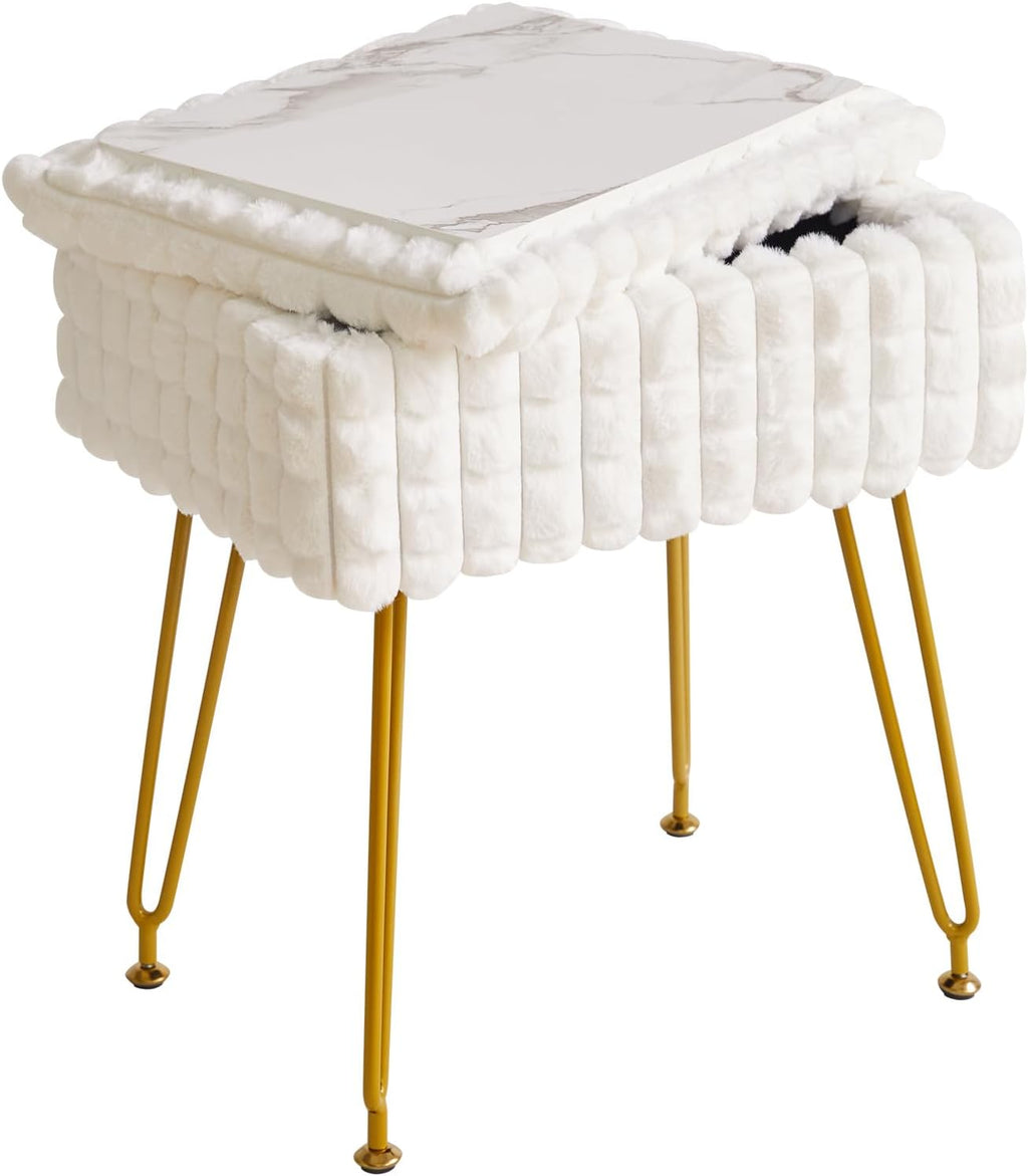 White Rectangular Vanity Chair with Storage – Ottoman Footrest Stool with Anti-Slip Feet & Square Grid Design, Perfect for Bedroom and Makeup Room