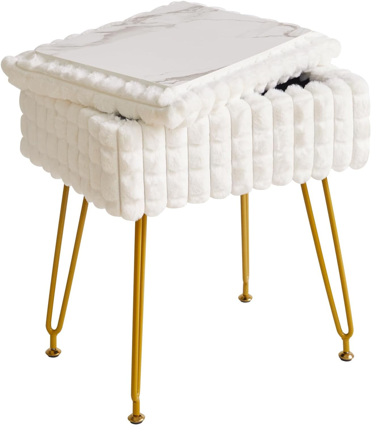 White Rectangular Vanity Chair with Storage – Ottoman Footrest Stool with Anti-Slip Feet & Square Grid Design, Perfect for Bedroom and Makeup Room