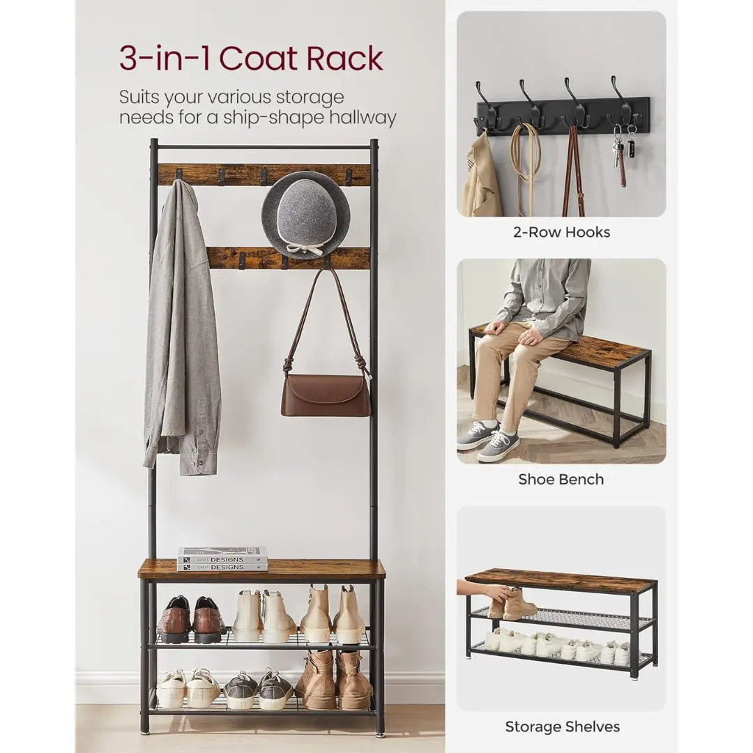 SONGMICS HOME Coat Rack, Hallway Cabinet, Cloakroom, Clothes Rack, with Bench and Shoe Shelves, Shoe Bench, Shoe Organiser, 9 Hooks, Metal Frame, Height 175 cm, Industrial Style