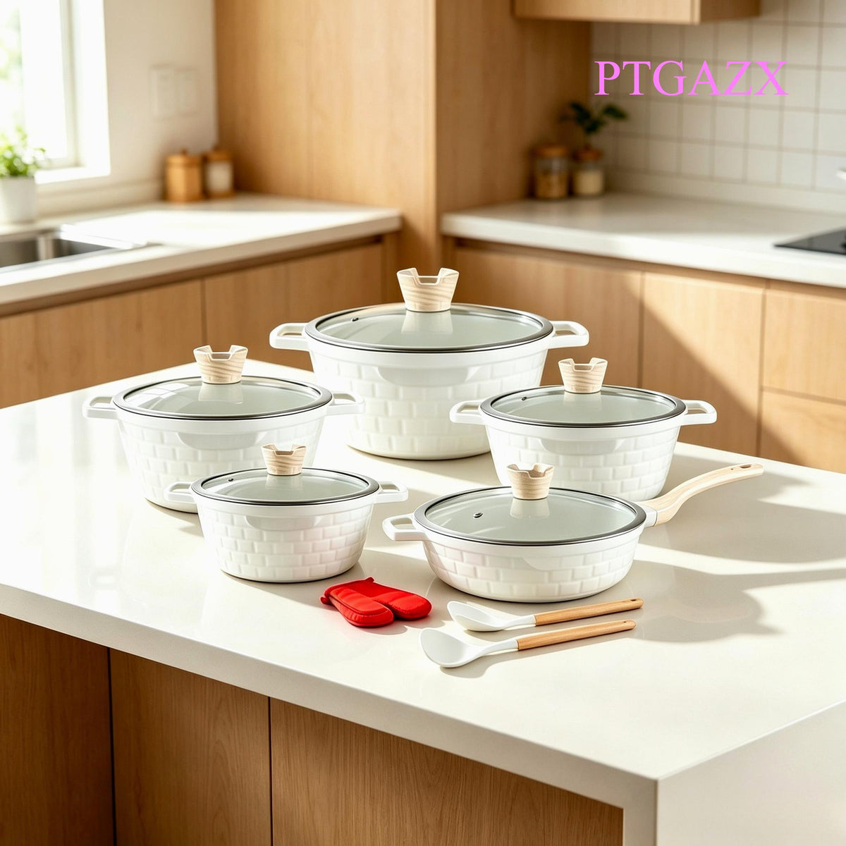 5‑Piece Die‑Cast Non‑Stick Cookware Set, Kitchen Pots and Pans Set‑Including 20/24/28/32cm Casserole Stock Pots & 28cm Frying Pan with 2 Cooking Spoons, Compatible with Induction, Gas & Electric Stovetops