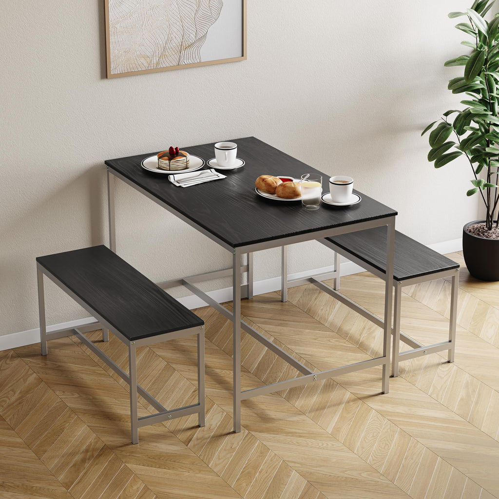 4 Seater Dining Set | Dark Wood | 3 Piece Dining Room Complete Set | 75H x 110W x 70D cm | with 2 Benches | Rustic | Solid Metal Frame | Industrial Design