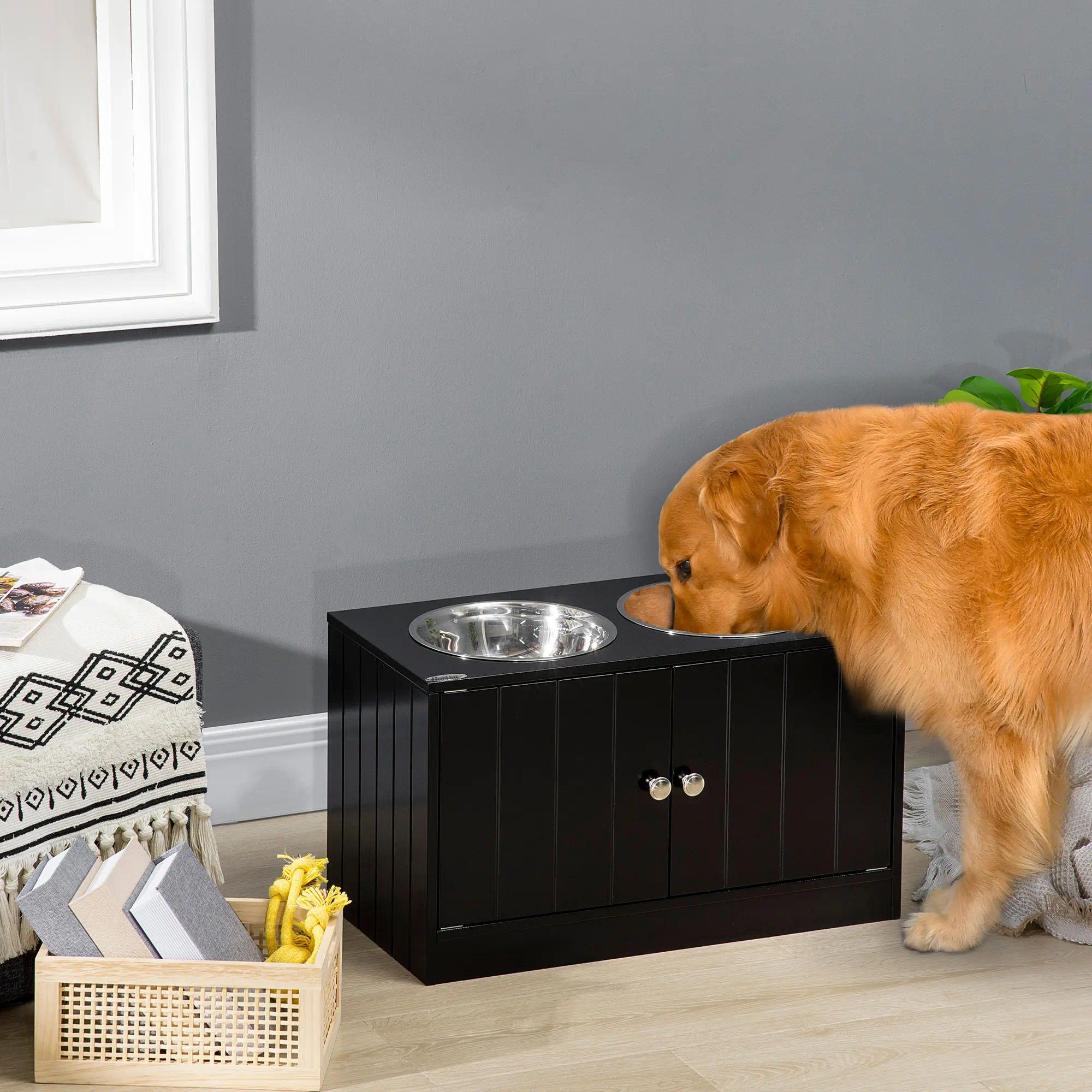 Elevated Raised Dog Bowls with Storage, Wooden Anti-Slip Large Dog Feeding Station, 2 Stainless Steel Food Water Bowls Indoor Pet Feeder Stand