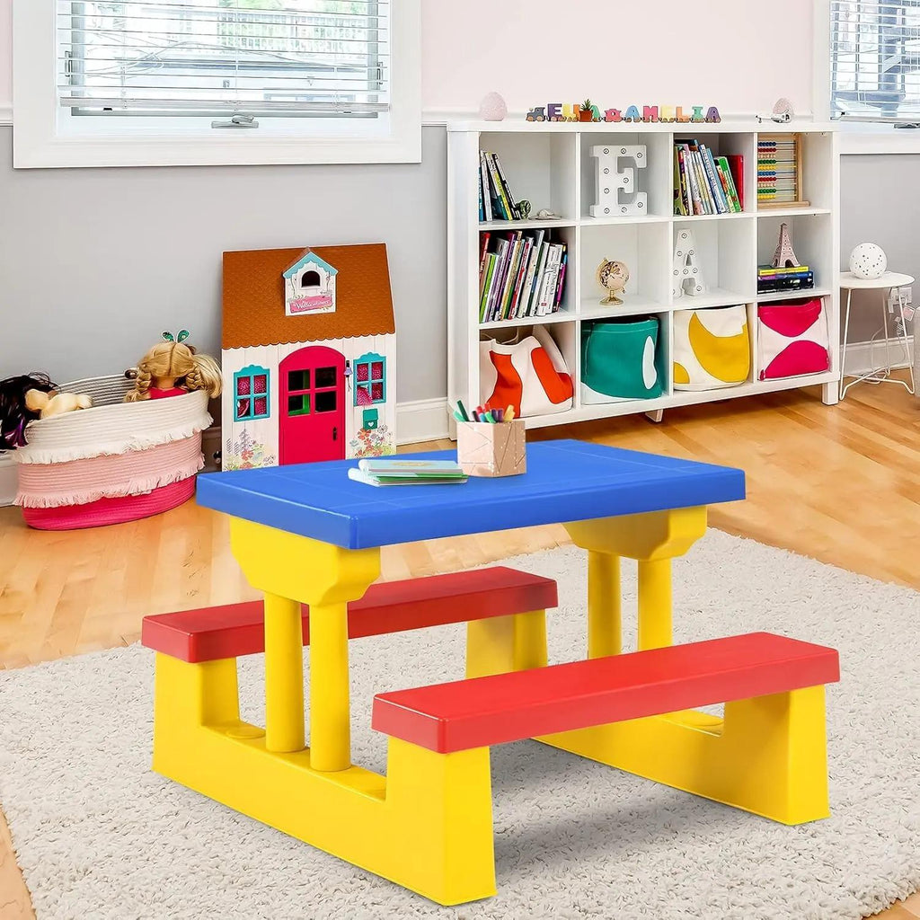 Kids Outdoor Picnic Table with Detachable Adjustable Umbrella, 4-Seater PP Plastic Table & Bench Set, Indoor Backyard Garden Activity Play Furniture for Boys and Girls