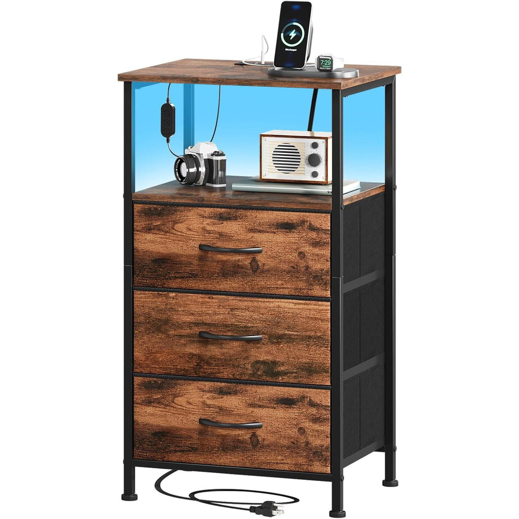 Multi-Functional USB Charging Chest with LED Light - 3 Drawer Bedside Table, Bedroom Storage Cabinet with 2 Outlets & 2 USB Ports, Charging Station for Dorm, Kids Room, Nightstand, Closet Organizer, Black [Plus A Free Gift]