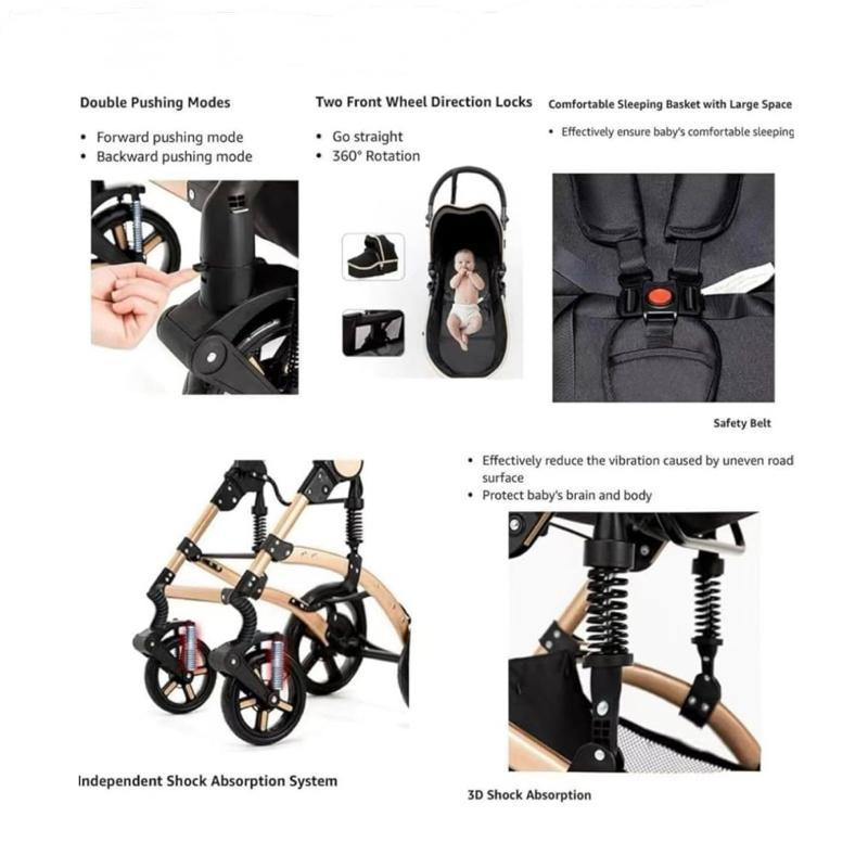 Baby Buggy, Baby Pram, Pushchair, 3 in 1 Travel System, Foldable Stroller, Lightweight Folding All in One Stroller, Portable Baby Carriage for Newborns and Toddlers, Aluminium Frame, Black - Rose Gold