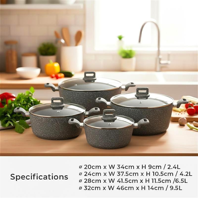 4Pcs Professional Aluminium Non-Stick Stockpot Set, Soft Touch Handle with Tempered Glass Lid, Induction Compatible Cookware Set, Soup Stew Pot for Kitchen Cooking