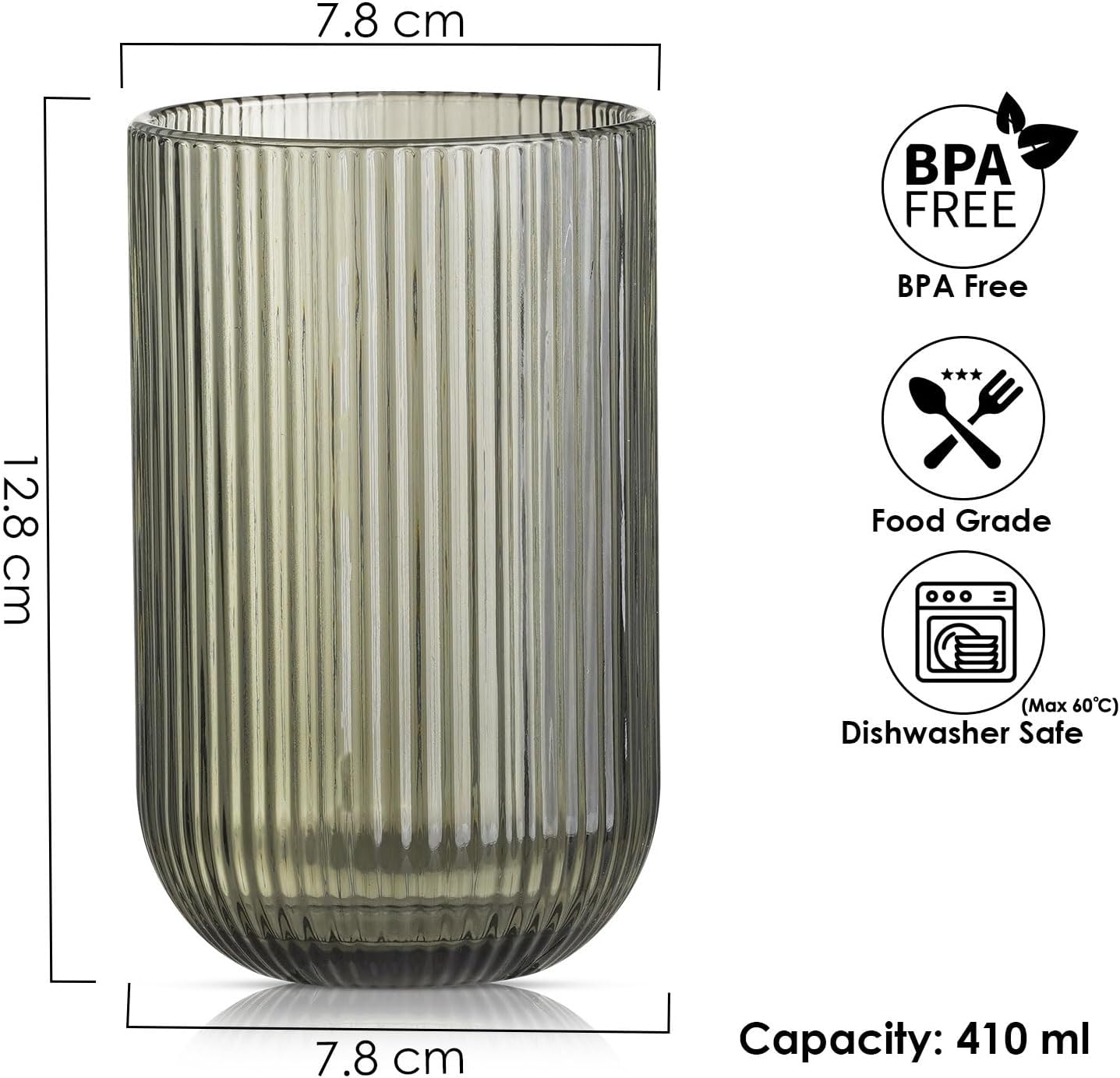 410ml Ribbed Highball Glasses Tall Hi Ball Glassware for Water Gin Juice Cocktail Ideal for Home Restaurant Events & Parties Dishwasher Safe