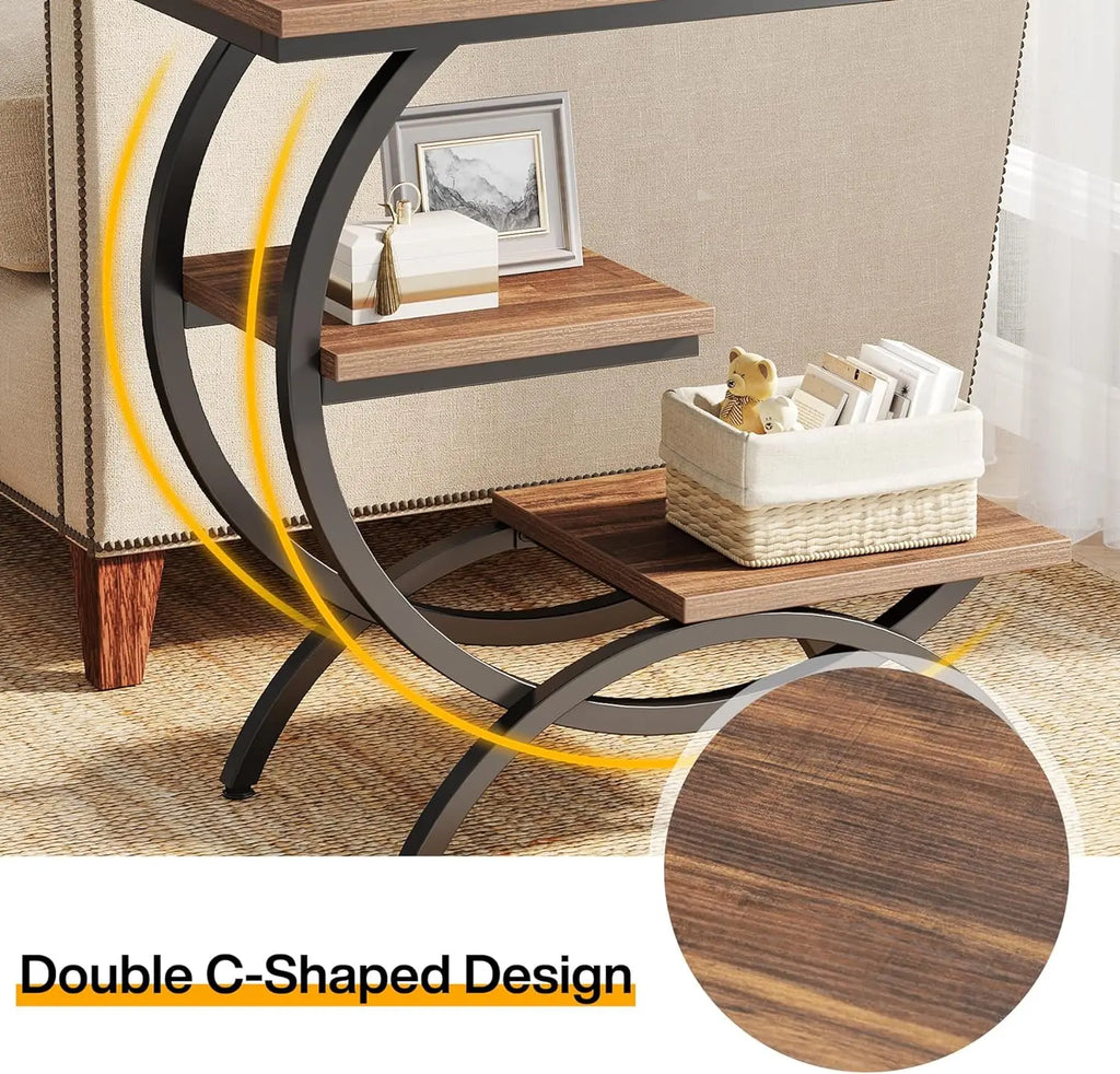 Tribesigns Rustic Brown C-Shaped End Table: 3-Tier Industrial Couch Side Table, Compact Wood Snack Table with Storage Shelves, Ideal for Small Living Spaces  , Space Saving End Table