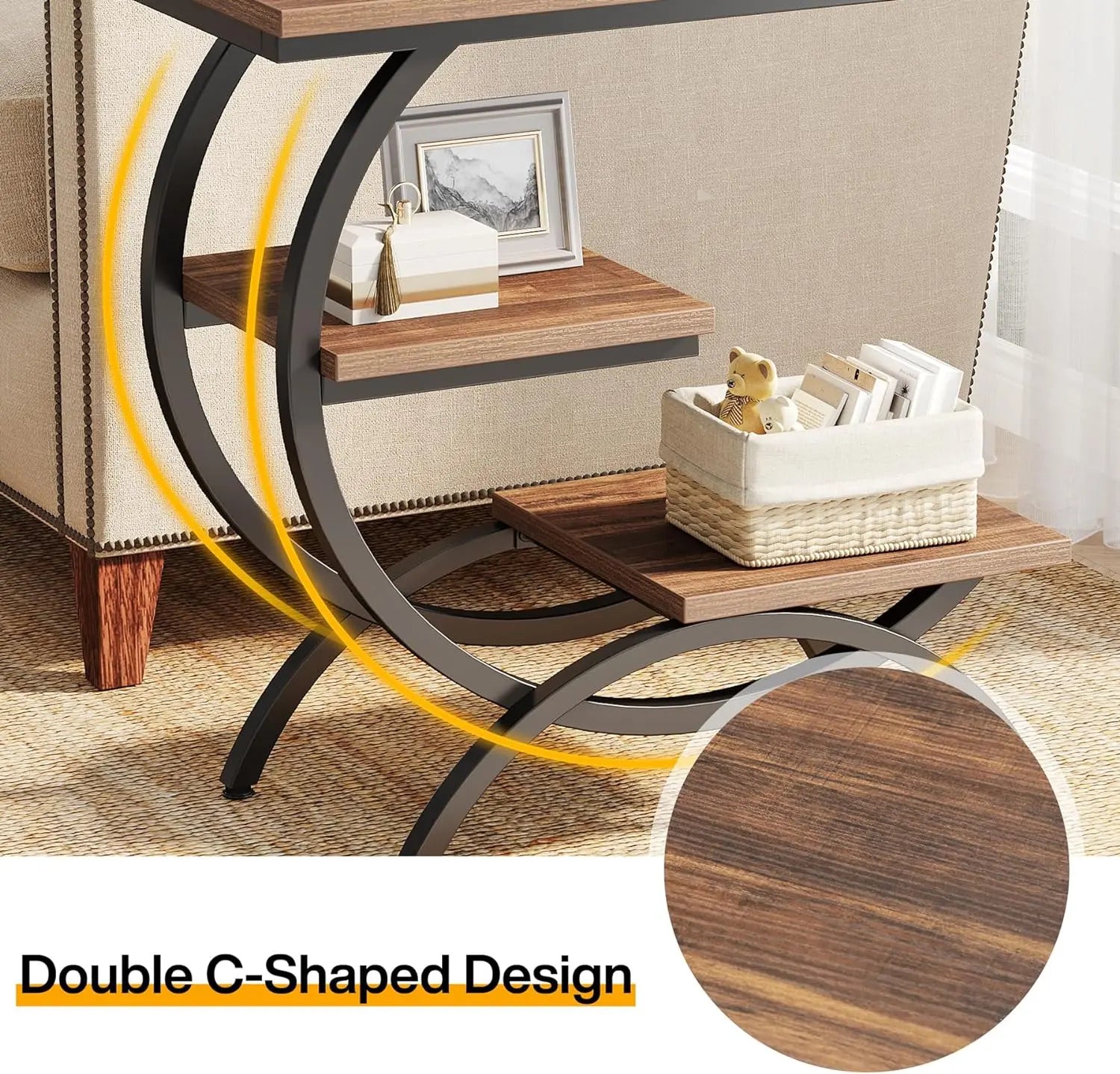 Tribesigns Rustic Brown C-Shaped End Table: 3-Tier Industrial Couch Side Table, Compact Wood Snack Table with Storage Shelves, Ideal for Small Living Spaces  , Space Saving End Table