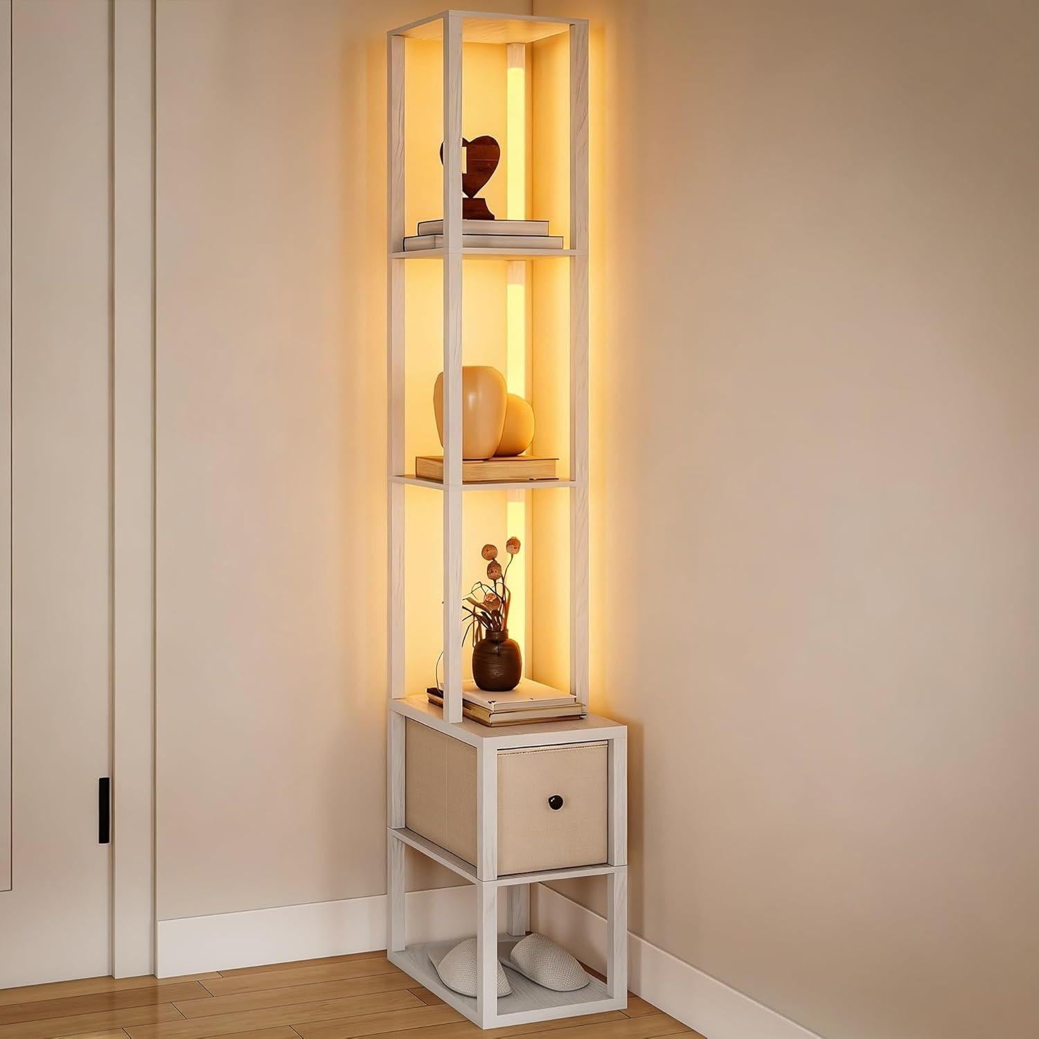 Modern Column Floor Lamp, LED Standing Lamp with Multi‑Tier Storage Shelves & Fabric Drawer, 3‑Level Adjustable Brightness with Foot Switch, Tall Display Lamp for Living Room, Bedroom, Study & Home Office