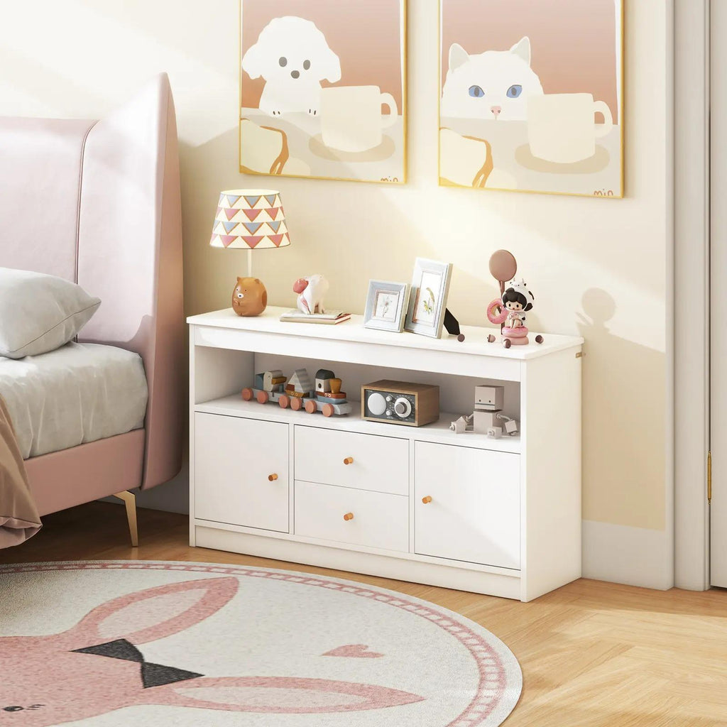 Wooden Kids Toy Storage Organizer, Children’s Bookcase with Open Shelf, 2 Cabinets & 2 Pull‑Out Drawers, Anti‑Tip Toy Books Storage Cabinet for Playroom, Bedroom, Nursery & Daycare`