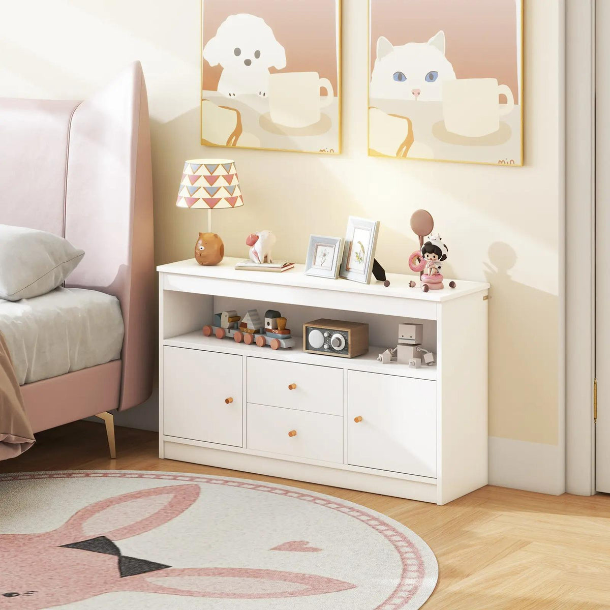 Wooden Kids Toy Storage Organizer, Children’s Bookcase with Open Shelf, 2 Cabinets & 2 Pull‑Out Drawers, Anti‑Tip Toy Books Storage Cabinet for Playroom, Bedroom, Nursery & Daycare`