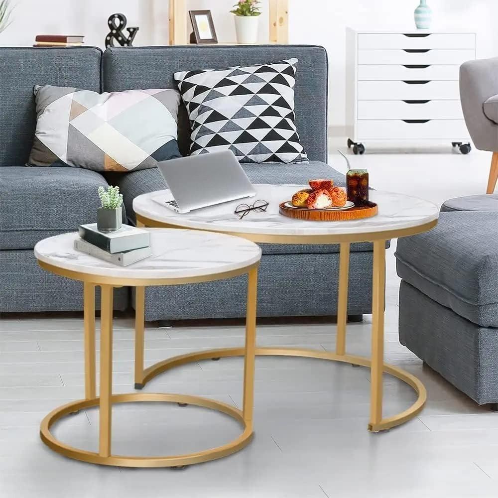 Elegant Round Nesting Coffee Tables –  Removable End Tables with Gold Metal Frame Legs & Marble Tops | Perfect for Living Room, Bedroom, Office & Balcony