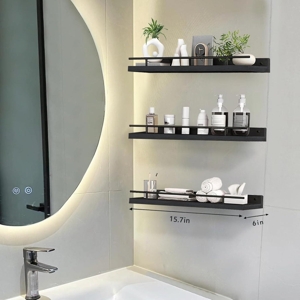 3 Set Floating Wall Mounted Wood Shelves - Versatile Picture Ledge Display Racks & Spice Racks, Decorative Wooden Wall Shelves Ideal for Bathroom, Living Room, Kitchen, Home Office & Laundry Room, Space-Saving Home Storage Decor