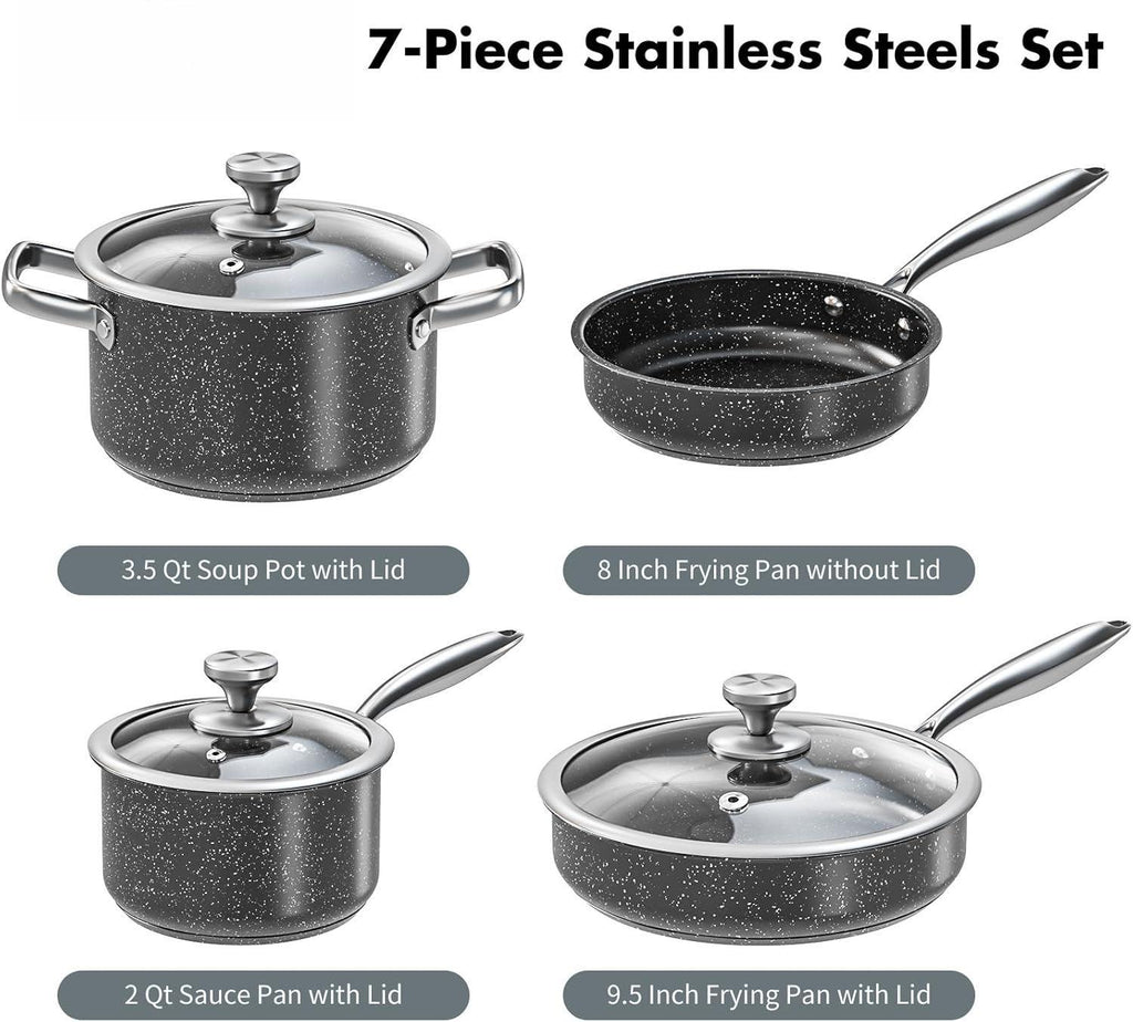 Stainless Steel Pots and Pans Set, 7-Piece Induction Hob Pan Set with Stay Cool Handles, Nonstick Saucepan Set Cooking Pans Set with Glass Lids, Black Granite Kitchen Cookware Set, for All Stove
