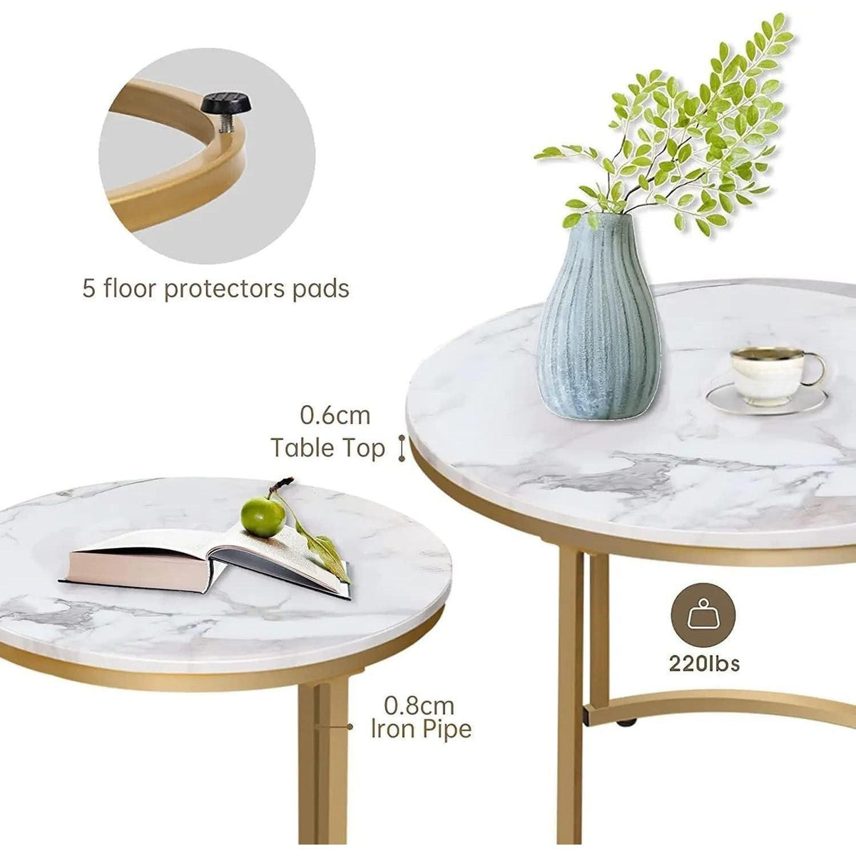 Elegant Round Nesting Coffee Tables –  Removable End Tables with Gold Metal Frame Legs & Marble Tops | Perfect for Living Room, Bedroom, Office & Balcony