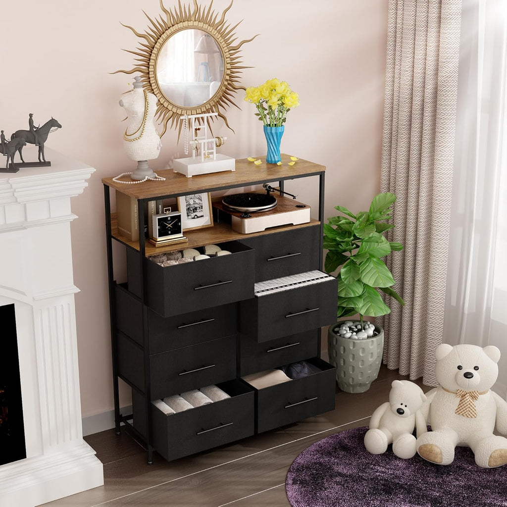 【NS】Dresser for Bedroom with 8 Fabric Drawers, Chest of Drawers, Tall Storage Organizer Unit with 2-Layer Shelves, TV Stand with Wooden Top and Sturdy Metal Frame (Black)