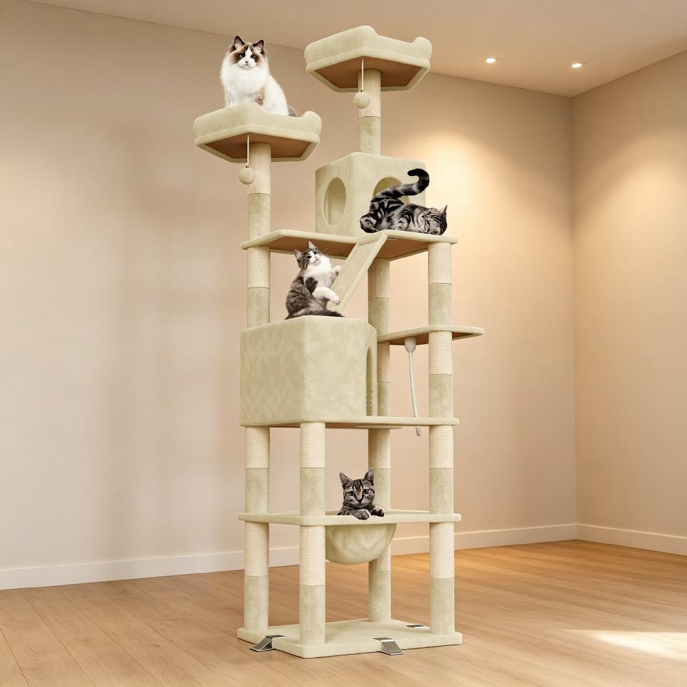 208cm Extra Large Cat Tree, Multi-level Scratching Post Climbing Tower with Hammock Basket, Activity Centre for Playful Cats [Plus A Free Gift]