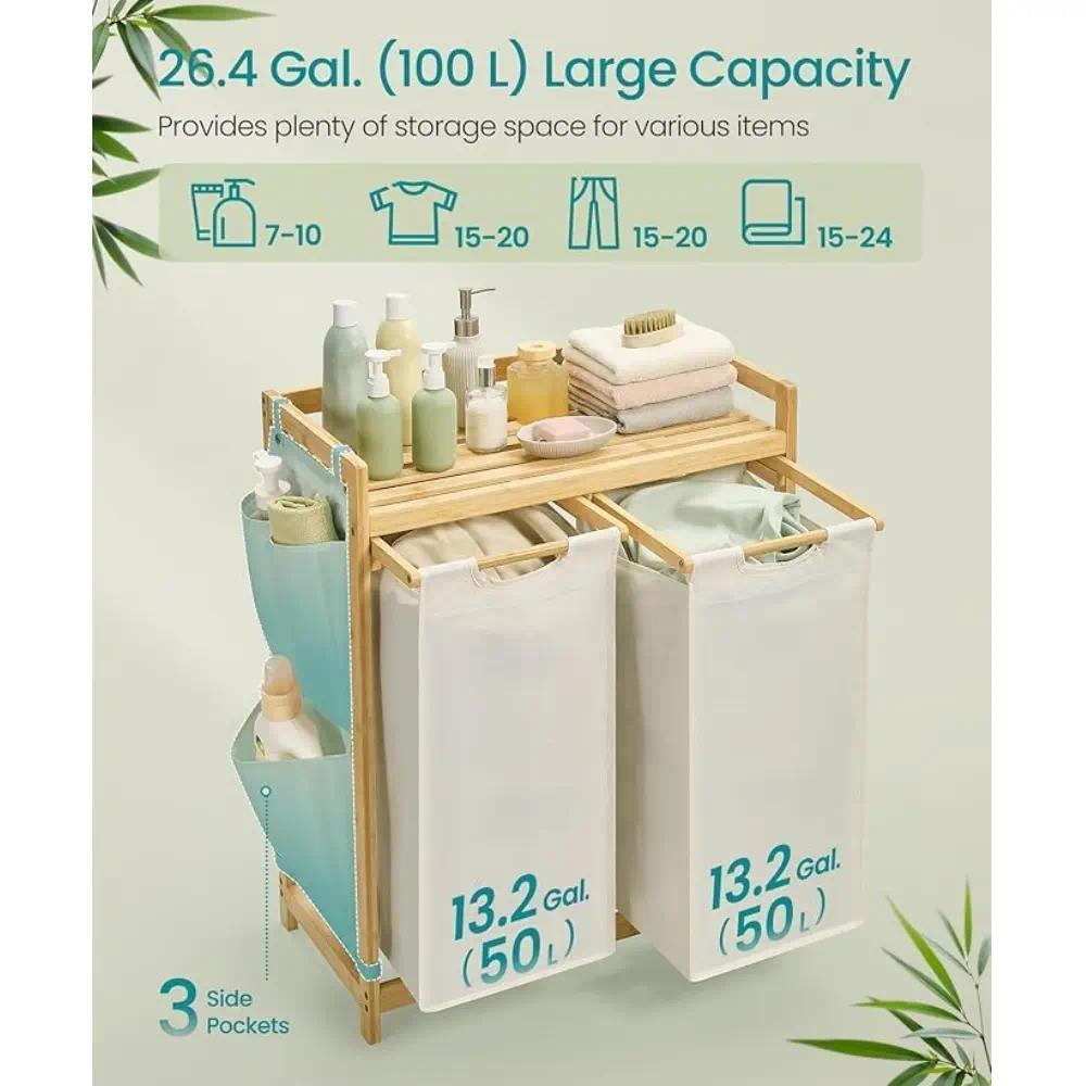 `Cream‑White Compartment Bamboo Laundry Sorter Hamper, Laundry Storage Organizer with Top Shelf, Removable Laundry Bags & Side Storage Pockets for Bathroom & Laundry Room`
