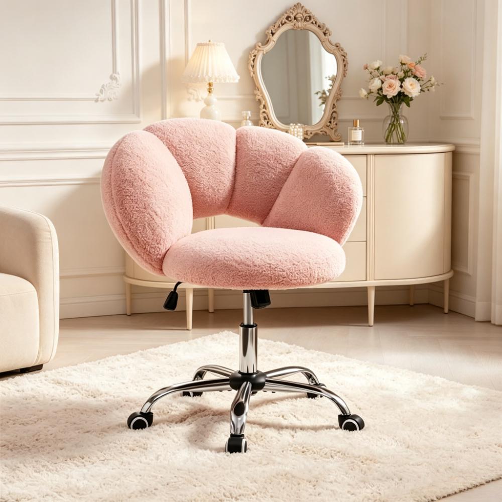 White Boucle Cloud-Shaped Desk Chair | Swivel Makeup Vanity Stool with Wheels & Adjustable Height | Soft Upholstered Home Office Accent Chair for Bedroom Living Room [Plus A Free Gift]