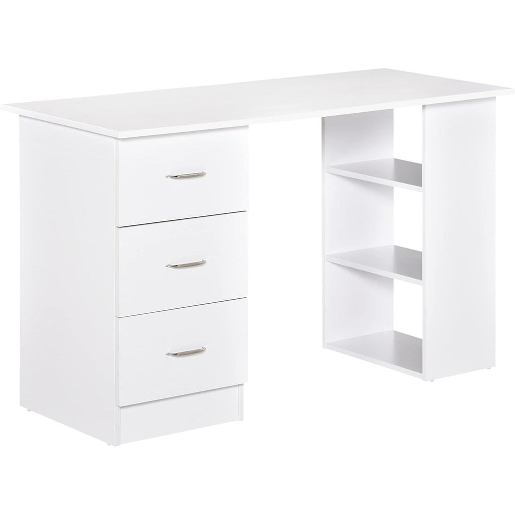 【NS】Computer Desk, Writing Table, PC Workstation with 3 Storage Shelves and Drawers, Silver Handle, for Home Office, White