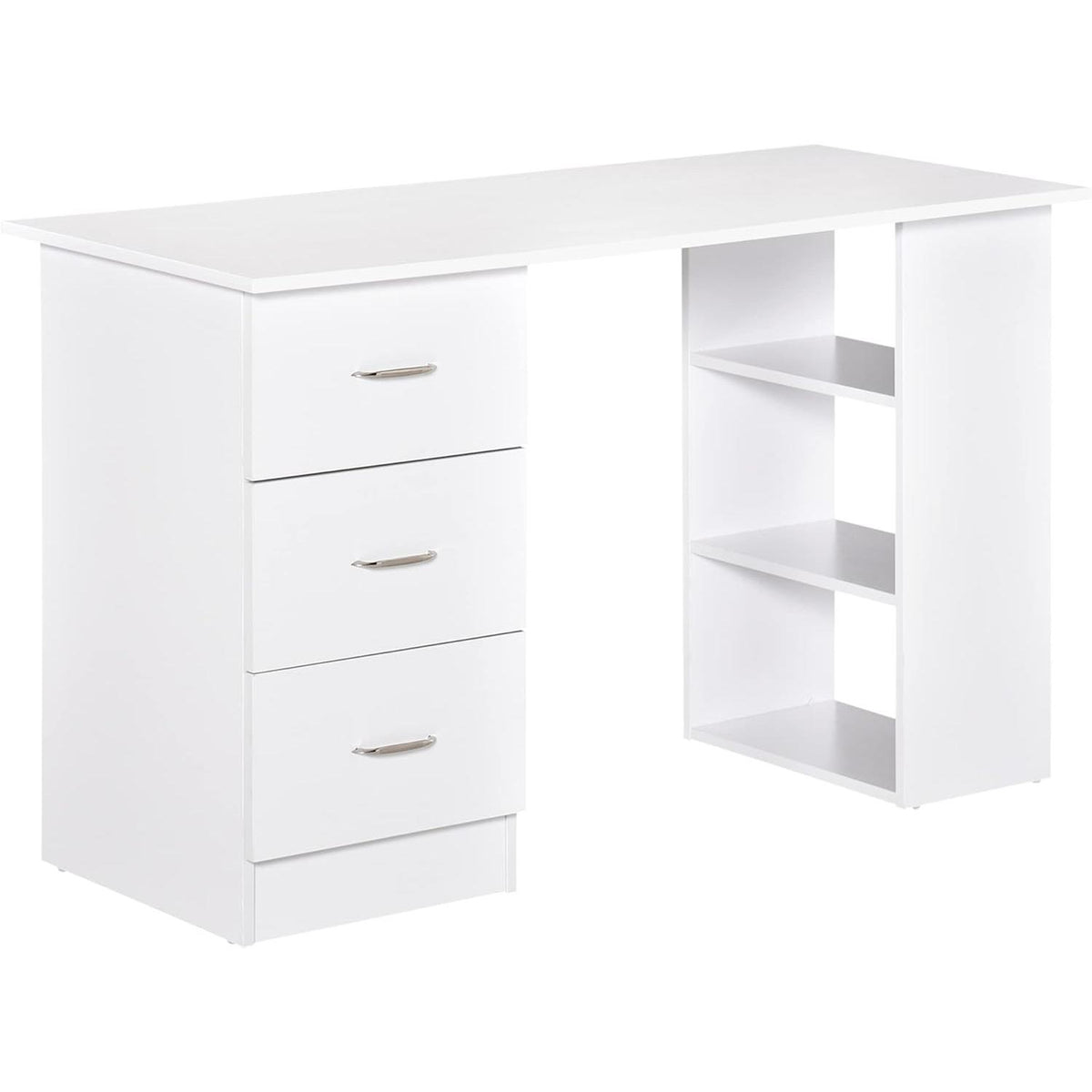 【NS】Computer Desk, Writing Table, PC Workstation with 3 Storage Shelves and Drawers, Silver Handle, for Home Office, White
