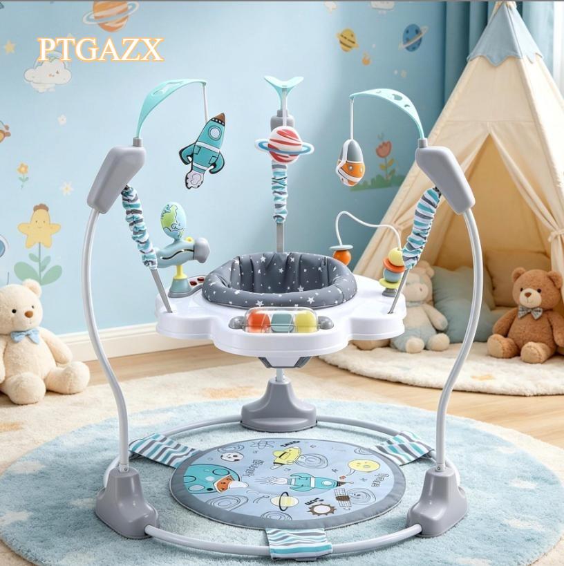 360° Rotating Stationary Baby Jumperoo Activity Center, Adjustable Height Baby Bouncer Swing Rocker with Musical Interactive Toys, Portable Play Chair Infant Play Essentials