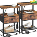 Bedside Table Set of 2 with Charging Station, Nightstand with 2 AC Outlets & USB Ports, Fabric Drawer Night Stand with Open Storage Shelf, Small Side End Table for Bedroom Living Room, Small Space Furniture, Black / Brown