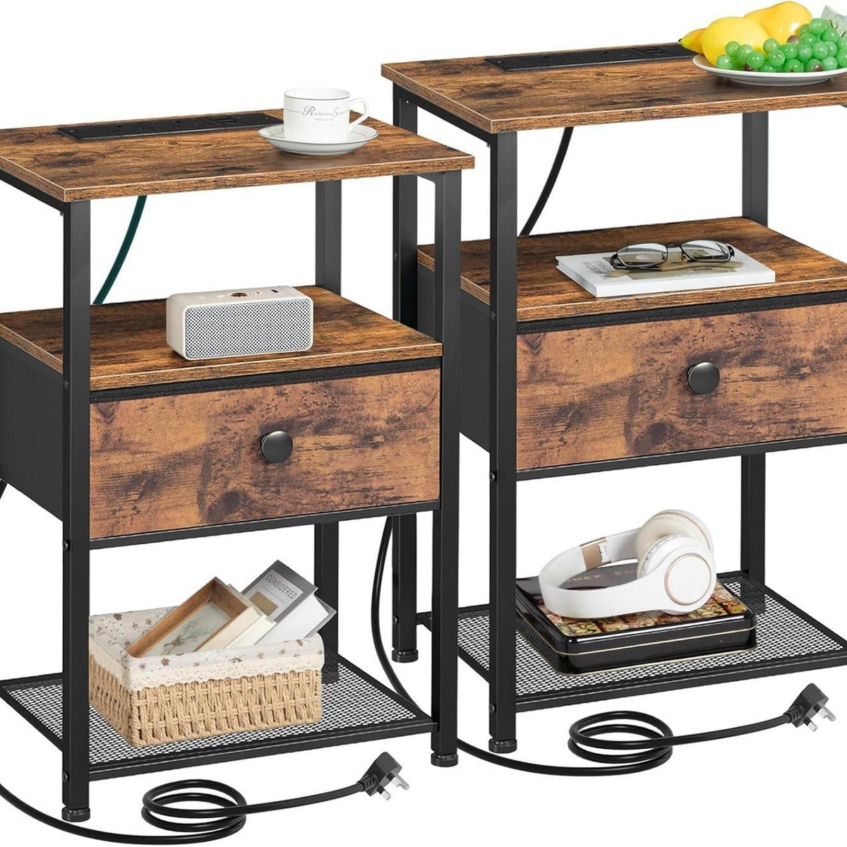 Bedside Table Set of 2 with Charging Station, Nightstand with 2 AC Outlets & USB Ports, Fabric Drawer Night Stand with Open Storage Shelf, Small Side End Table for Bedroom Living Room, Small Space Furniture, Black / Brown