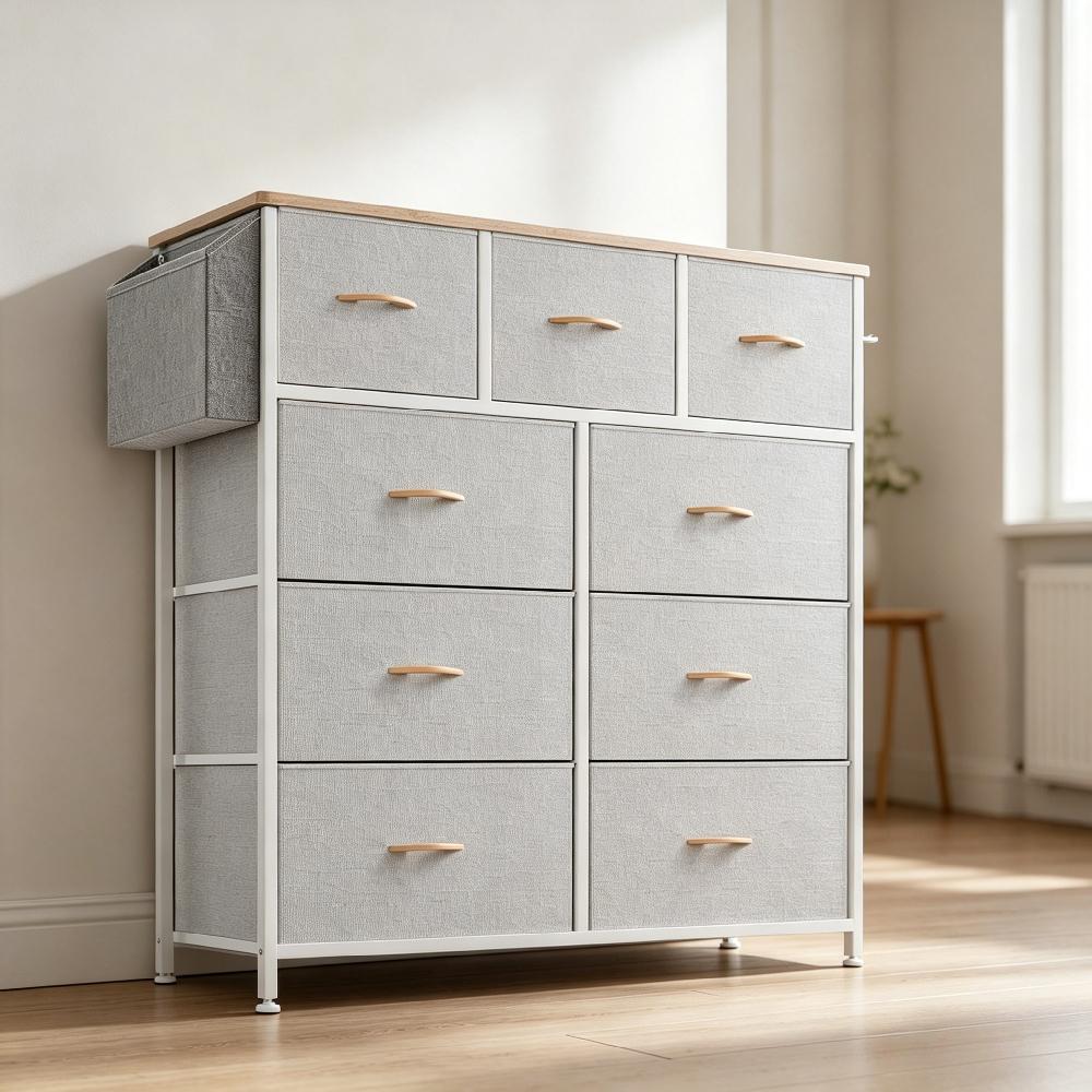9 Drawers Metal Frame Dresser - Canvas Fabric Chest of Drawers with Label Cards, Side Pocket & Hook for Bedroom, Living Room, Hallway Storage Organizer [Plus A Free Gift]