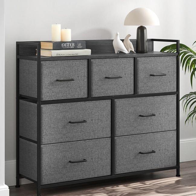7-Drawer Fabric Storage Dresser, Sturdy Metal Frame Chest of Drawers Organizer with Wooden Top & Soft Handles, Easy Assembly Bedroom Cabinet, Multi-Purpose Storage Unit for Entryway, Hallway, Children Room, Nursery, Living Room & Household Organization