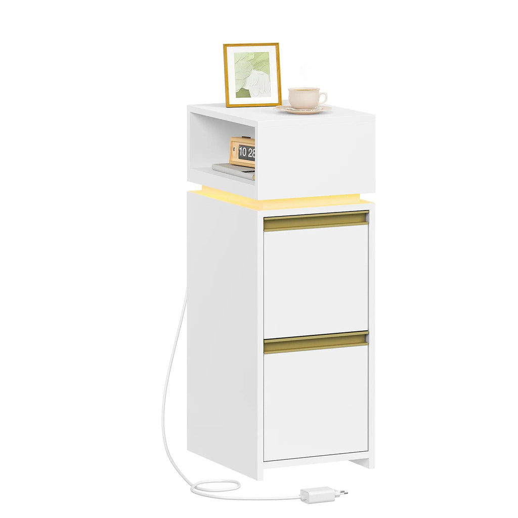 Modern Slim Nightstand with LED Light, 2-Drawer Bedside Cabinet with Open Storage Shelf, Small Side Table for Bedroom Living Room, Space-Saving Furniture [Plus A Free Gift]