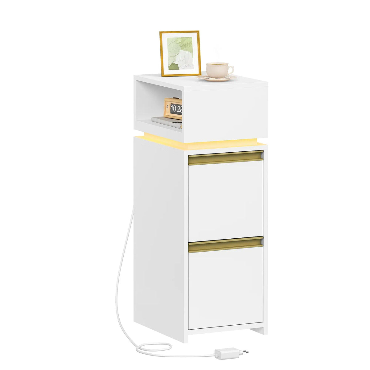 Modern Slim Nightstand with LED Light, 2-Drawer Bedside Cabinet with Open Storage Shelf, Small Side Table for Bedroom Living Room, Space-Saving Furniture [Plus A Free Gift]