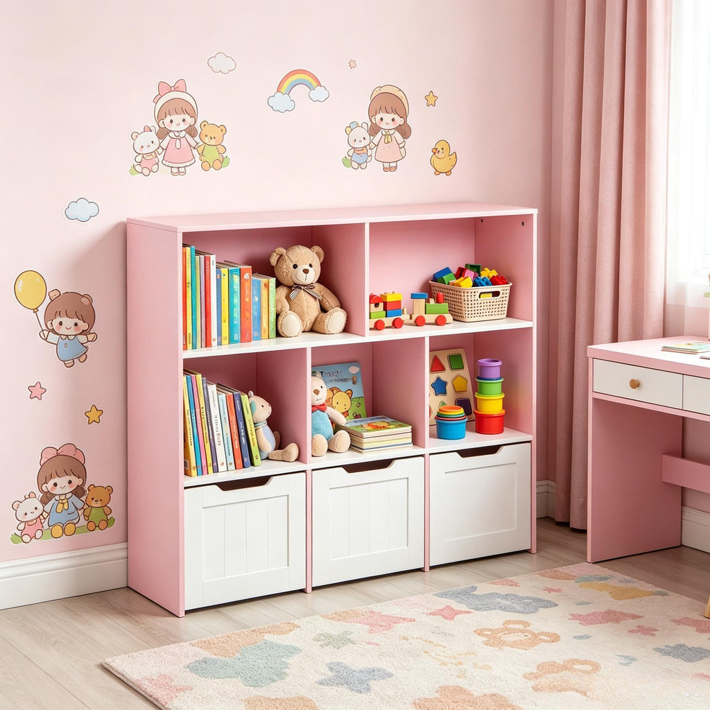 Wooden Kids Toy Storage Organizer Bookcase, 5 Open Cubes with 3 Rolling Wheeled Drawers, Multi‑Purpose Children Storage Cabinet for Playroom Kids Bedroom Nursery