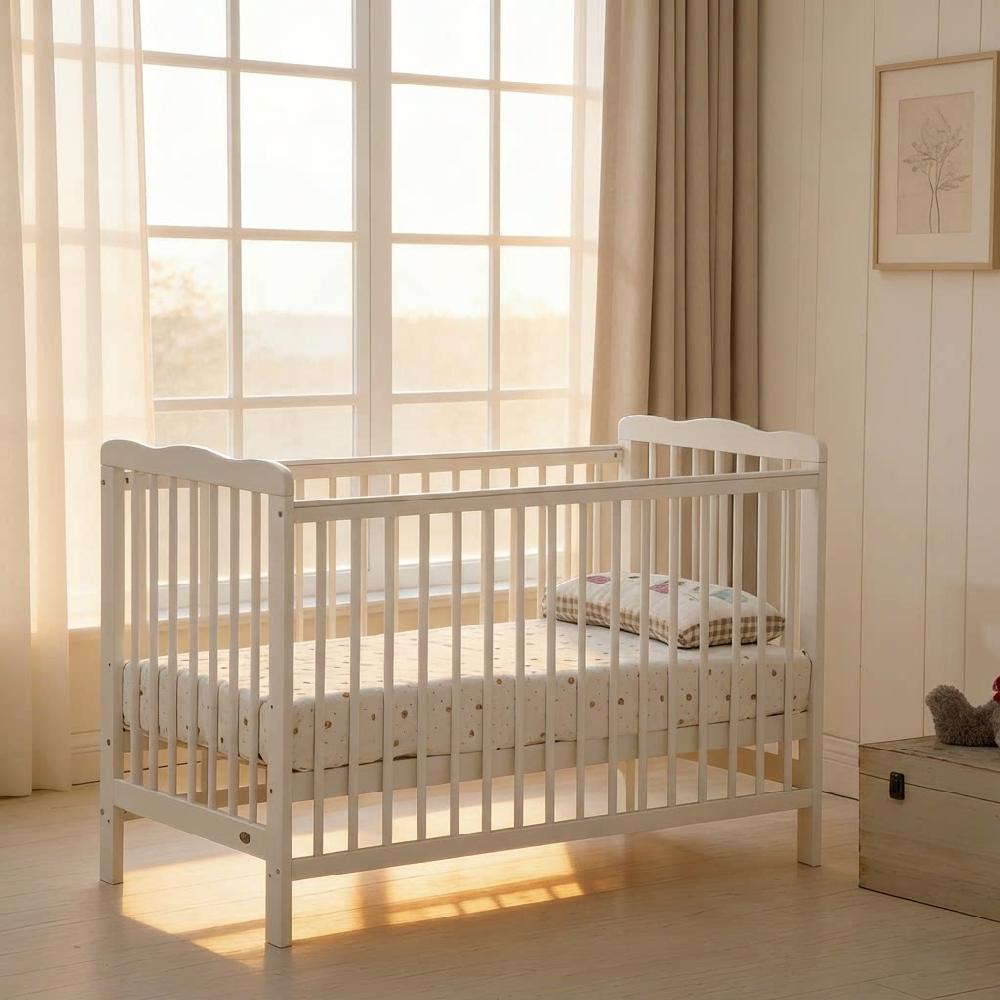 Baby Cot Crib with Waterproof Mattress & Adjustable Height - Grey/White Modern Nursery Bed, Safe Newborn Sleeping Crib [Plus A Free Gift]