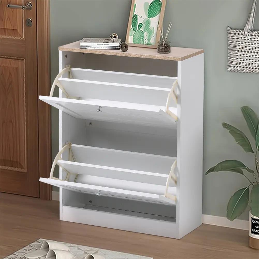 58cm Wide Shoe Storage Cabinet with 2 Flip‑Down Drawers, White Wooden Narrow Shoe Organizer, Slim Hidden Footwear Storage Cabinet for Entryway Hallway Living Room, Holds Up to 12 Pairs of Shoes