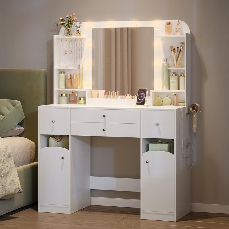 【NS】Dressing Table with Mirror, Vanity Table with Adjustable Brightness, Power Strip, 4 Drawers and 2 Open Cabinets, 5 Jewelry Hooks, Open Compartments, White,