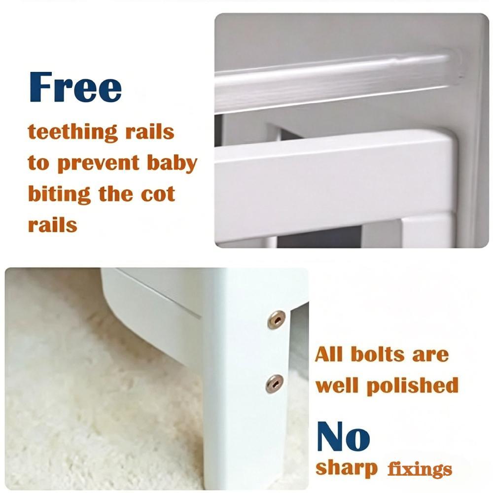 Cream White Cot Bed with Aloe Vera Waterproof Mattress, Wooden Baby Cot Convertible to Toddler Bed [Plus A Free Gift]