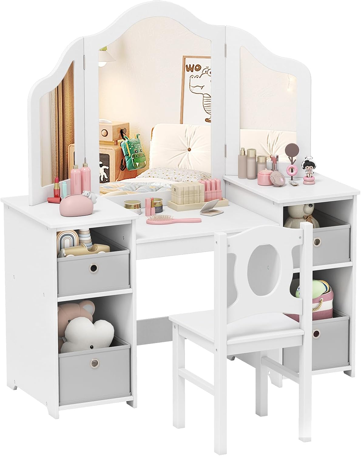【NS】Kids Vanity Table and Stool Set, Princess Makeup Dressing Tables with Tri-Folding Detachable Mirror, 4 Storage Shelves, Wooden Children Study Desk for 3+ Years Old (White with Grey Bins)