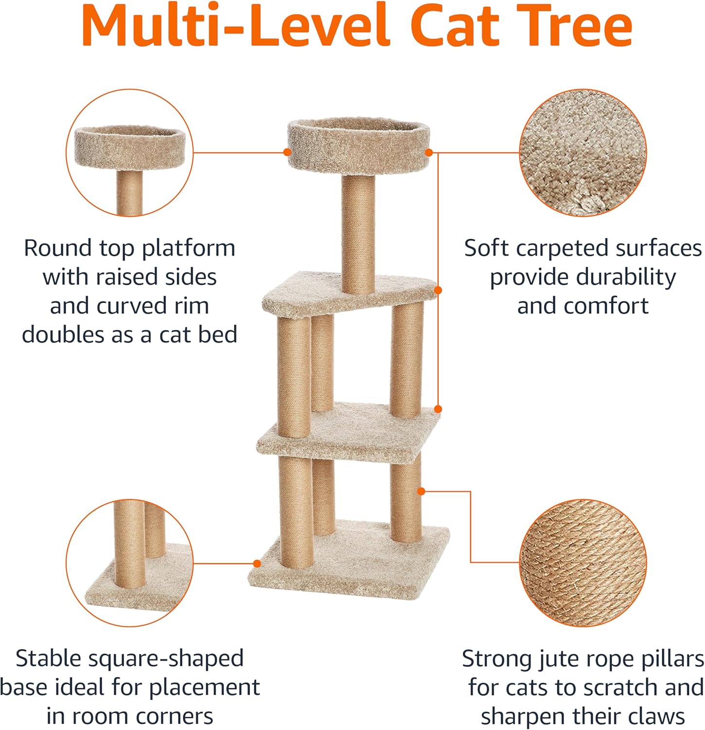 Indoor Large Beige Cat Tree Tower, Multi‑Level Cat Activity Centre with Natural Sisal Scratching Posts, Cozy Perch Bed & Hanging Interactive Toy, Stable Climbing Play House for Kittens Adult Cats Home Living Room Decor
