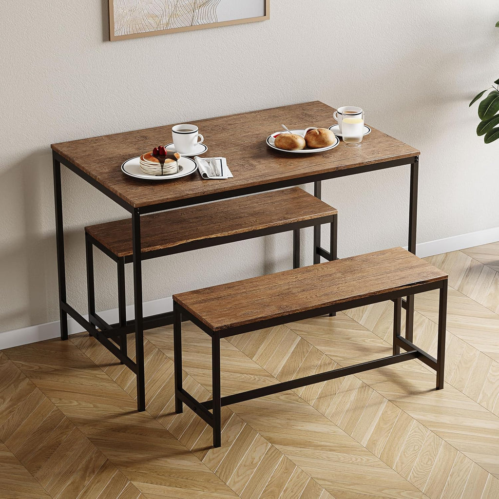 4 Seater Dining Set | Dark Wood | 3 Piece Dining Room Complete Set | 75H x 110W x 70D cm | with 2 Benches | Rustic | Solid Metal Frame | Industrial Design