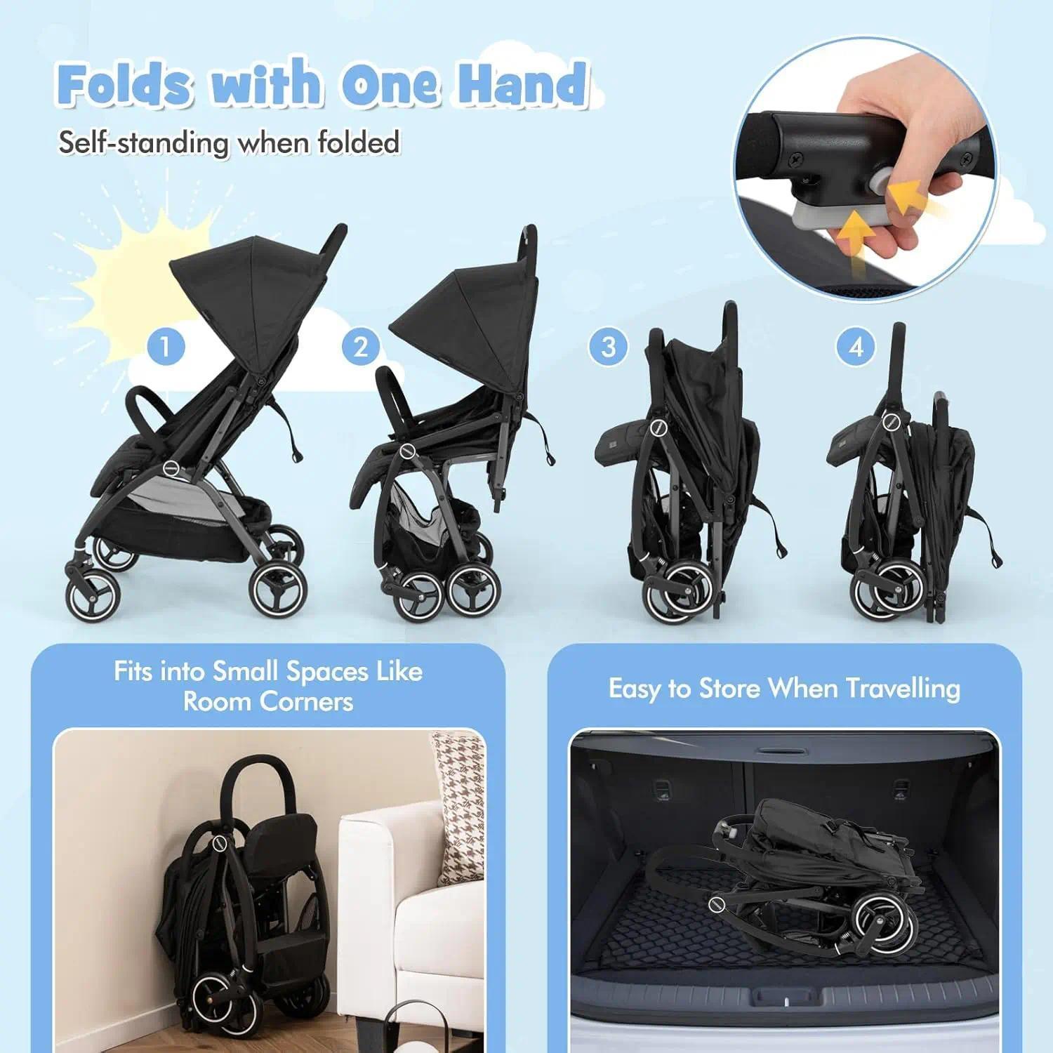 Lightweight Travel Pushchair for 0-36 Months, One-Hand Fold Baby Stroller with Adjustable Recline & Sun Canopy, 5-Point Safety Harness, Large Under-Seat Basket, Compact for Car Boot [Plus A Free Gift]