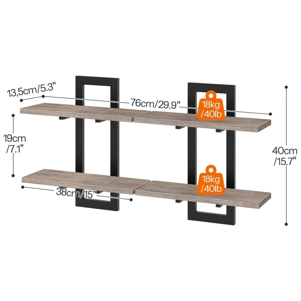 Set of 2 Double‑Tier Floating Wall Shelves, Wall‑Mounted Storage Display Racks, Heavy‑Duty Particleboard Metal Frame Wall Shelf for Kitchen Living Room Bedroom Bathroom Home Decor